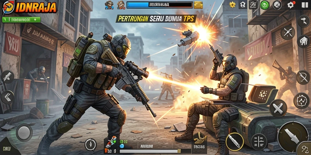 Screenshot gameplay IDNRAJA menampilkan aksi tembak-menembak yang mendebarkan.