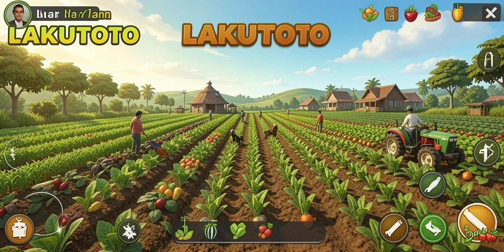 Tampilan gameplay LAKUTOTO saat bertani di kebun yang indah.