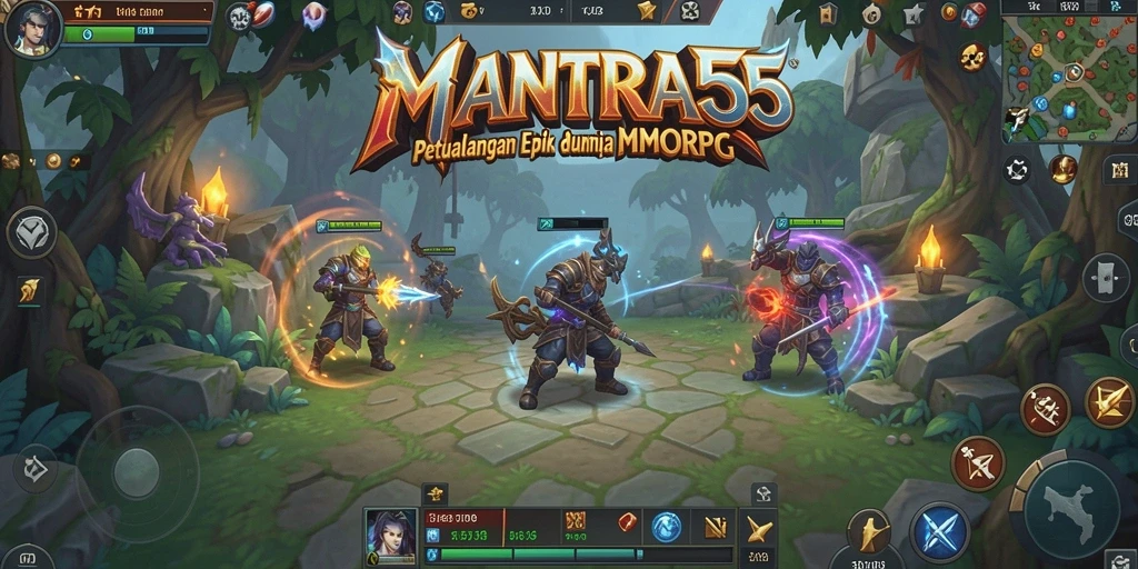Screenshot gameplay MANTRA55 menampilkan karakter dalam pertempuran epik di dunia fantasi.