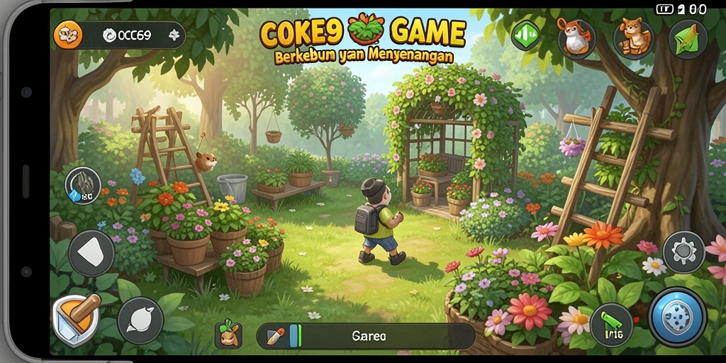 Screenshot gameplay OCE69 saat berkebun dengan warna cerah.