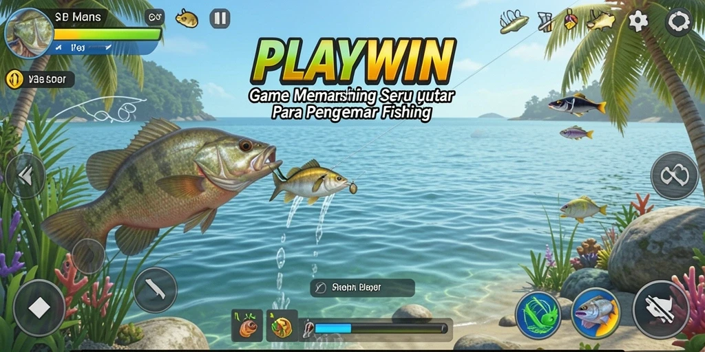 Screenshot dari gameplay <strong>PLAYWIN</strong> menunjukkan pengalaman memancing yang mendebarkan.