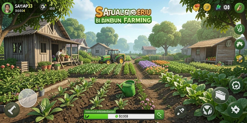 Screenshot gameplay SAYAP33 menampilkan ladang yang indah dan hewan peliharaan lucu.