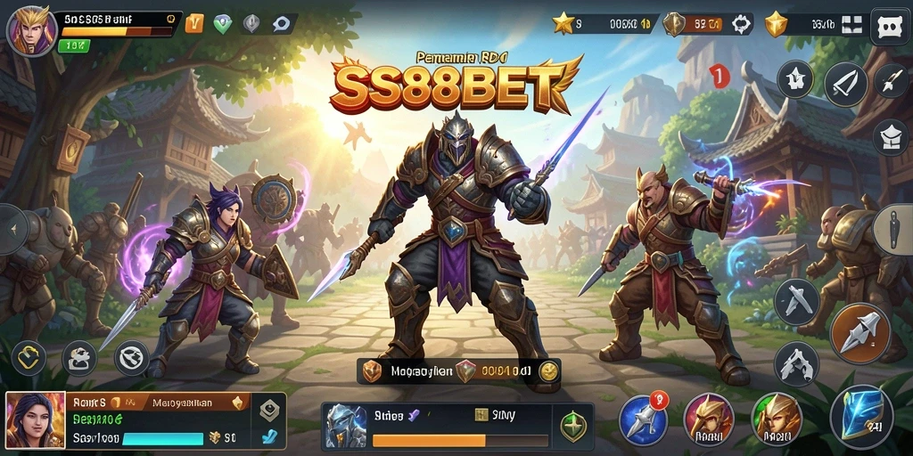 Screenshot gameplay <strong>SS88BET</strong> yang menampilkan pertarungan epik dalam dunia fantasi.